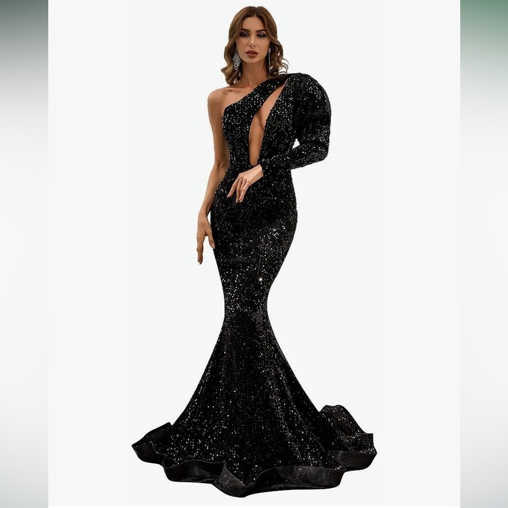 Missord Black Sequin One-Shoulder Gown